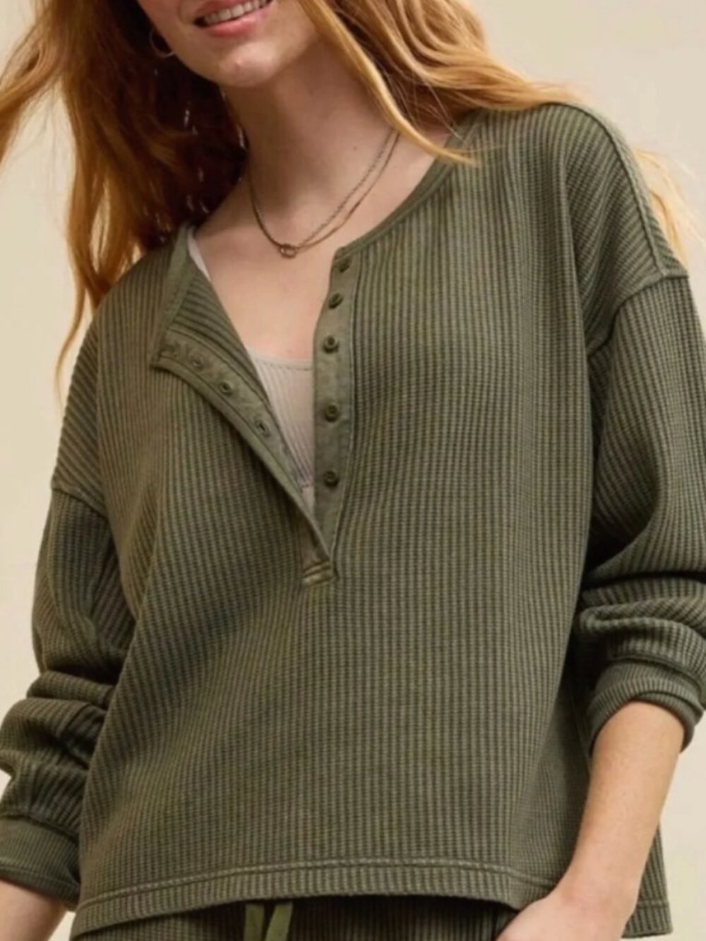 Aerie Olive Waffle Henley Shirt | Olive Fun | Size XXL